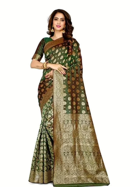 Dark Green Banarasi Silk Jacquard Saree With Blouse