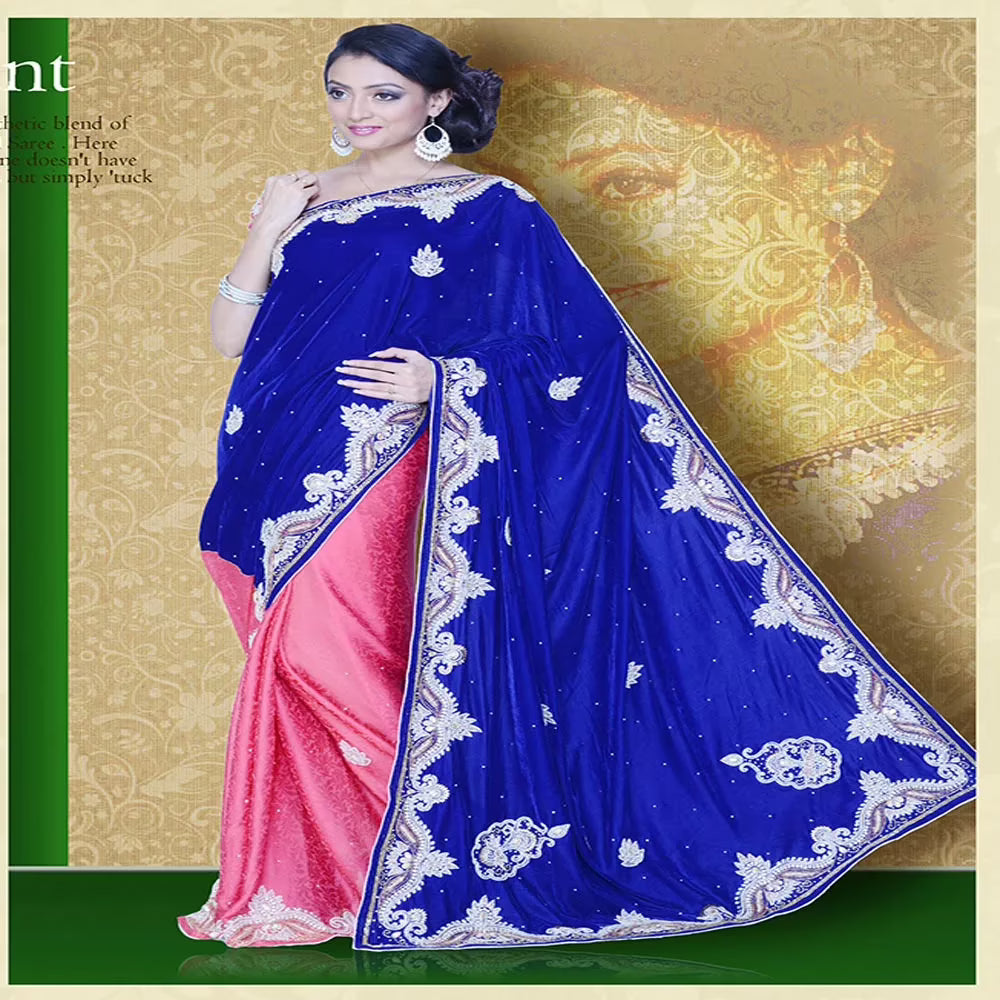 Pazaar Mayuri Sapphire Blue & Amaranth Pink Embroidered Party Saree