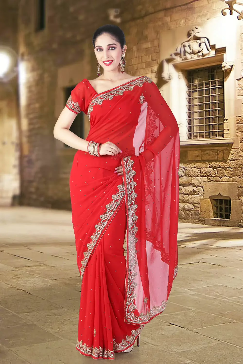 Pazaar Rose-Madder Red Embroidered Party Saree With Zari Thread
