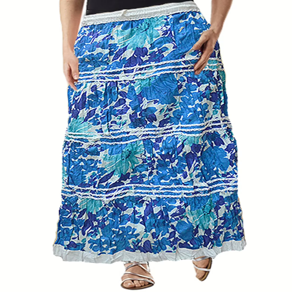 Stylish Blue Floral Print Off White Ankle Length Skirt