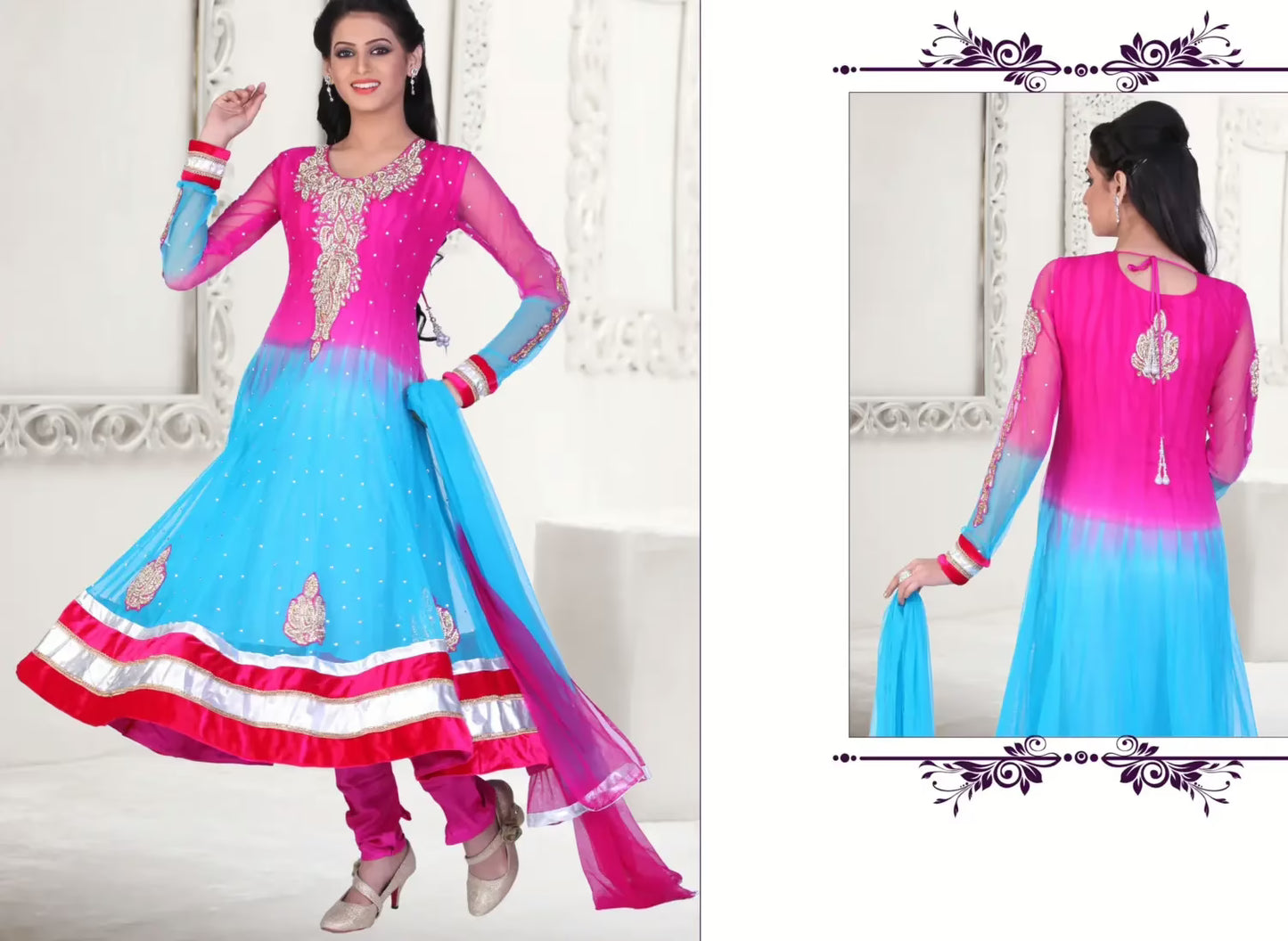 Pazaar Kaanchi Deep Pink and Deep Sky Blue Embroidered Anarkali Salwar Kameez