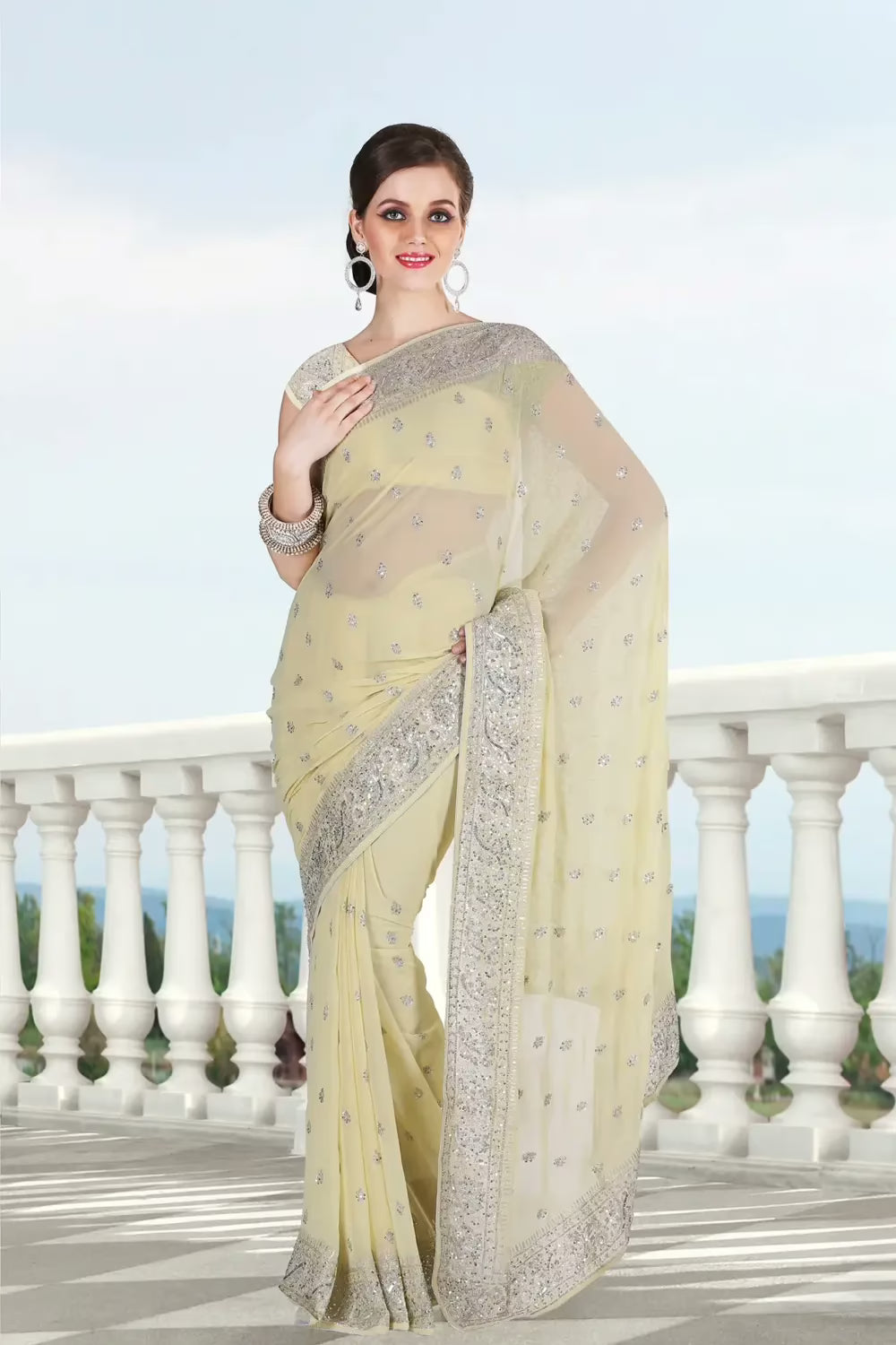 Pazaar Deep Lemon-chiffon Yellow Embroidered Party Saree With Zari Thread