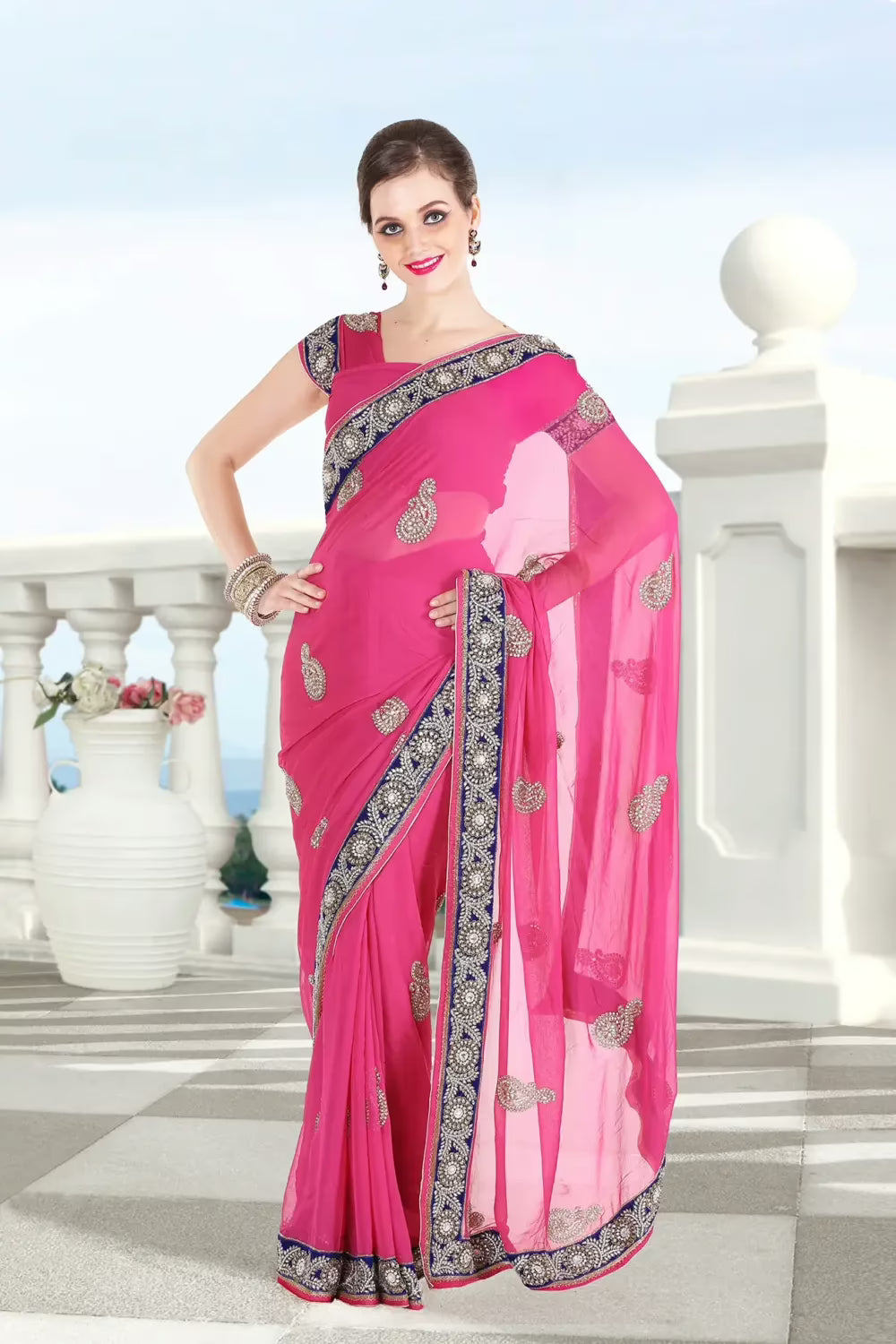 Pazaar French-rose Pink Embroidered Party Saree With Zari Thread
