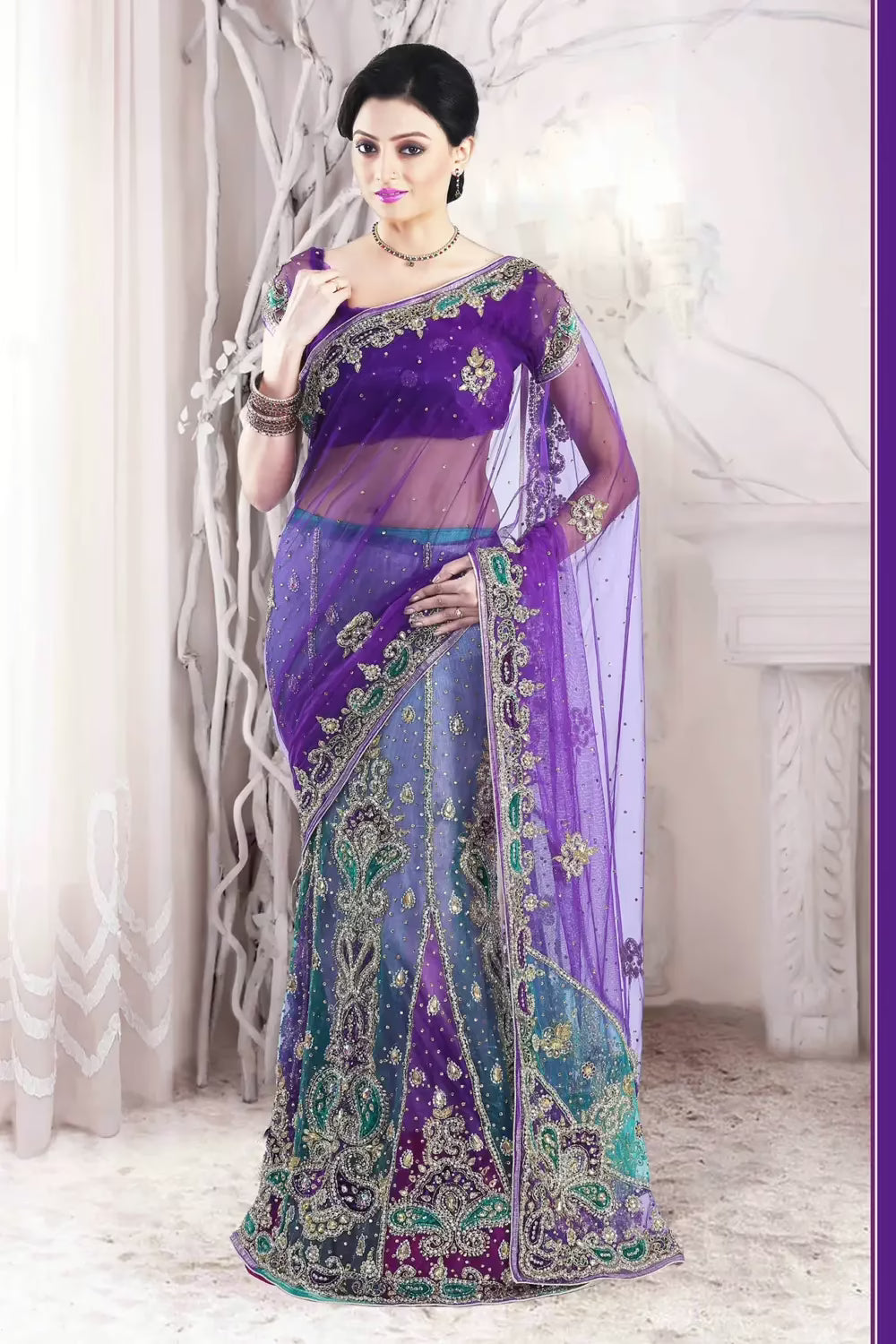 Amethyst Violet and Robin-egg Blue embroidered party lehenga