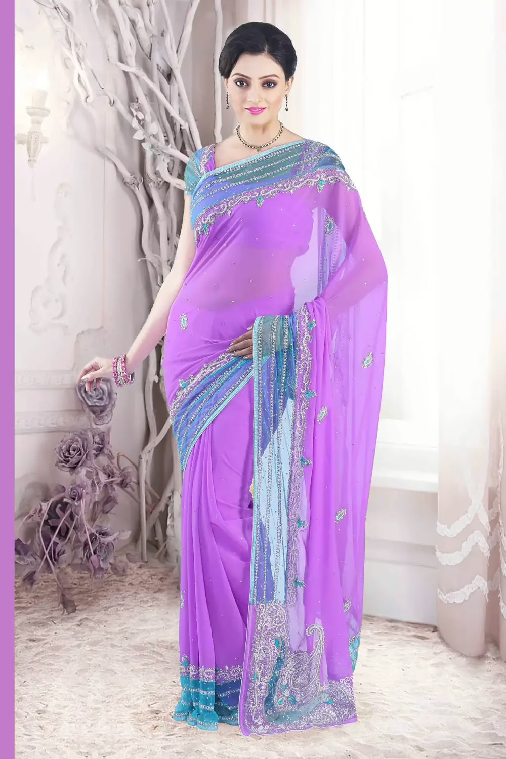 Pazaar Mauve Violet embroidered bridal saree with zari thread