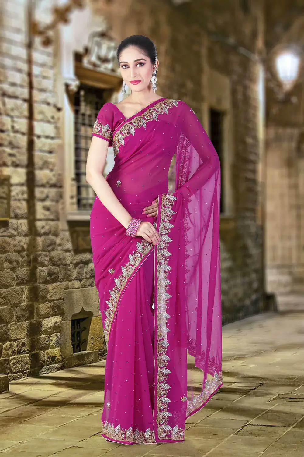Pazaar Red-violet Embroidered Party Saree With Zari Thread