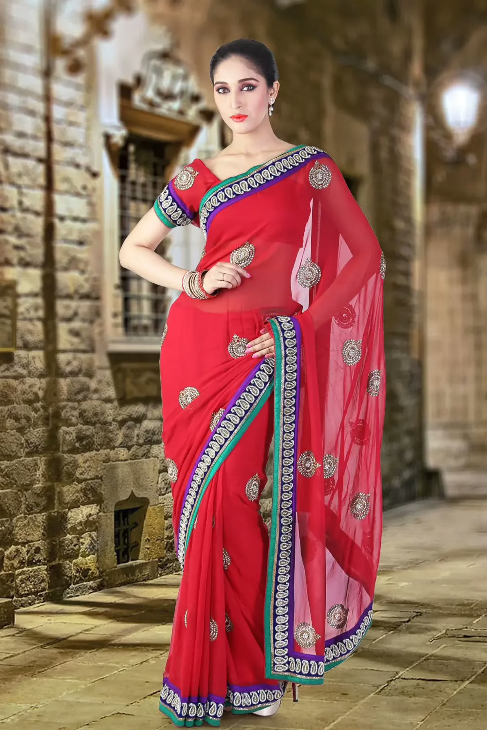 Pazaar Venetian Red Embroidered Party Saree With Zari Thread