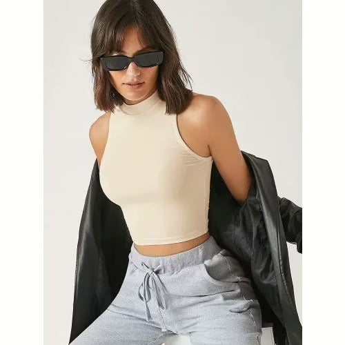 Seasons Beige Solid Ribbed Crop Tank Top