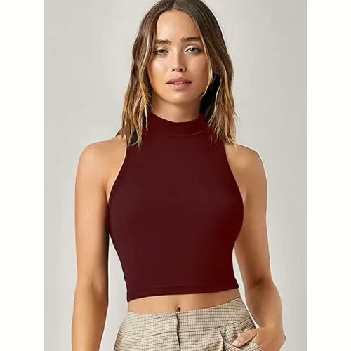 Seasons Maroon Solid Ribbed Crop Tank Top