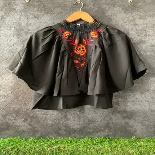 Classic Neck Elastic Lace Fully Frill Embroidery Short Top