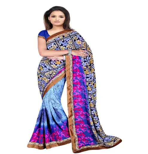 Multi Colour Chiffon Floral Printed Occation Wear Traditional Saree With Matching Blouse Piece