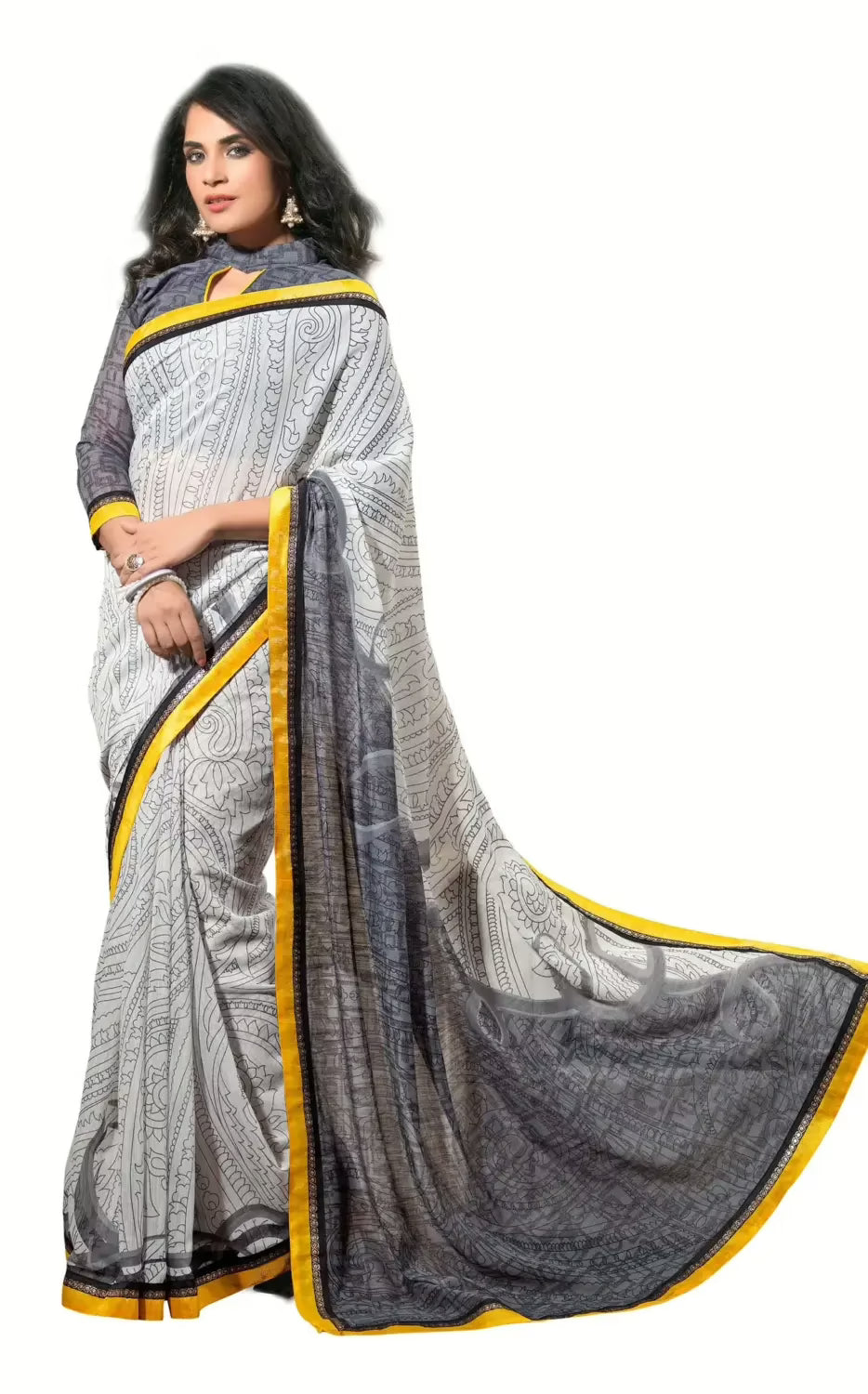Mizzoli Off White Silk Cotton Printed Saree