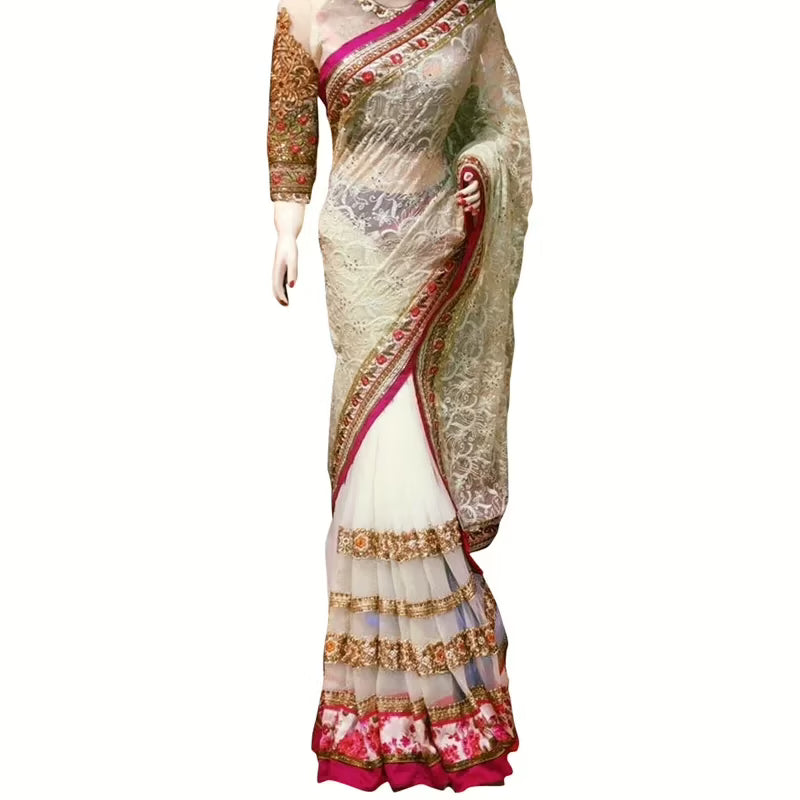 Viva N Diva White Colored Net With Brasso Saree