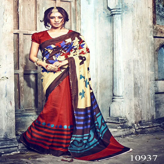 Viva N Diva Beige & Red Colored Bhagalpuri Silk Printed Saree