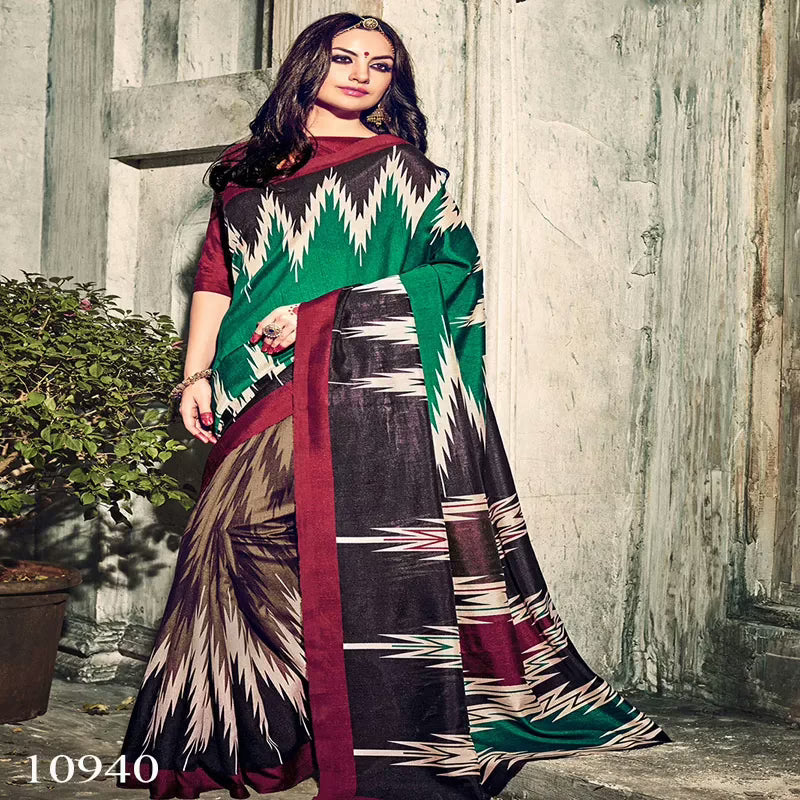 Viva N Diva Green & Chikoo Colored Bhagalpuri Silk Printed Saree
