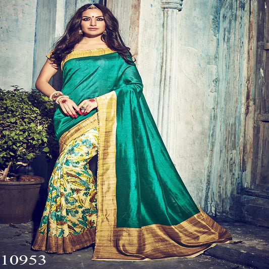 Viva N Diva Green & Cream Colored Bhagalpuri Silk Printed Saree