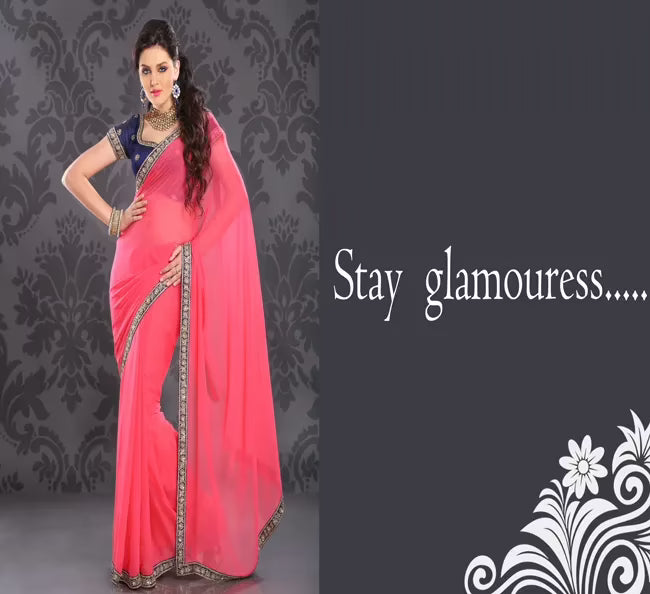 Pazaar Brink Pink Embroidered Party Saree  With Zari Thread