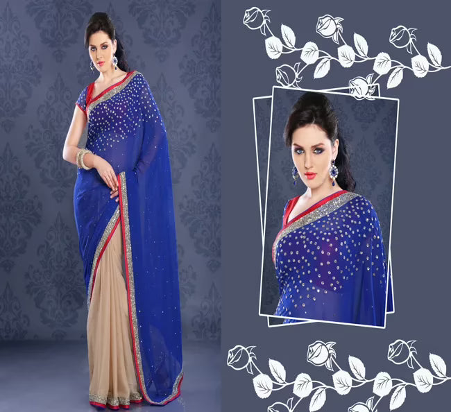 Pazaar Persian Blue Papaya-Whip Yellow Embroidered Party Saree With Zari Thread
