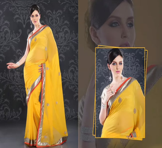 Pazaar Amber Yellow Embroidered Party Saree  With Zari Thread
