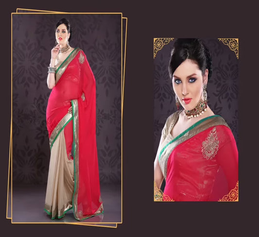 Pazaar Rose-madder Red Papaya-Whip Yellow Embroidered Party Saree