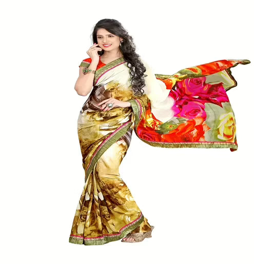Rock-Fashion Multi Colour Weightless Printed  Work Saree