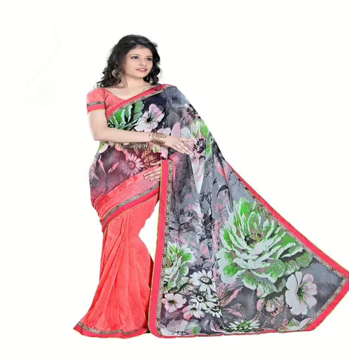 Rock-Fashion Red Weightless Printed  Work Saree