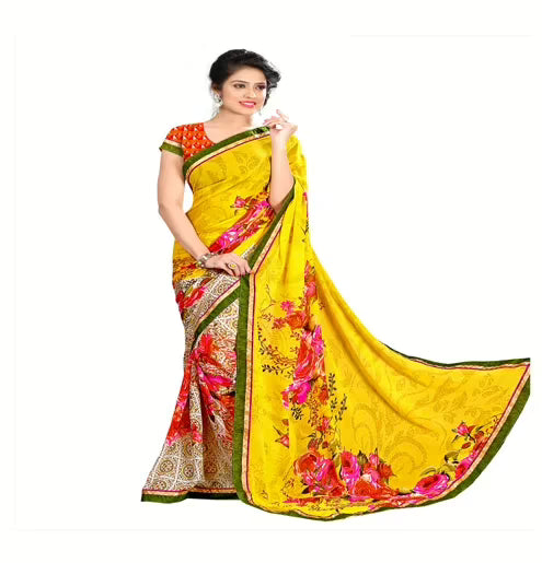 Rock-Fashion Multi Colour Weightless Printed  Work Saree