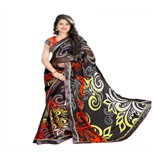 Rock-Fashion Black Weightless Printed  Work Saree