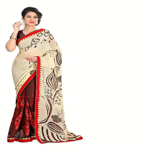 Rock-Fashion Brown Weightless Printed  Work Saree