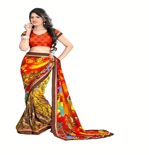 Rock-Fashion Multi Colour Weightless Printed  Work Saree
