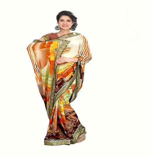 Rock-Fashion Multi Colour Weightless Printed  Work Saree