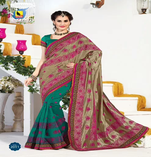 Kangana Chiku & Green Dupion Silk Saree