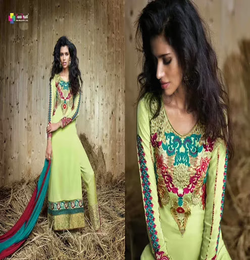 Hi-Fashion Sea Green  Embroidered Straight Suit