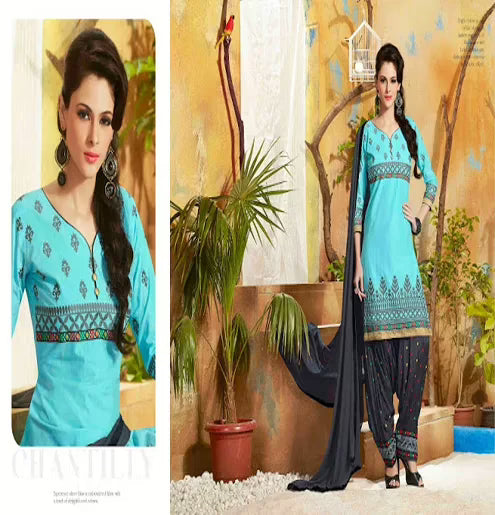 Hi-Fashion Aqua  Embroidered Straight Suit