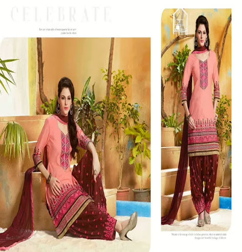 Hi-Fashion Salmon  Embroidered Straight Suit