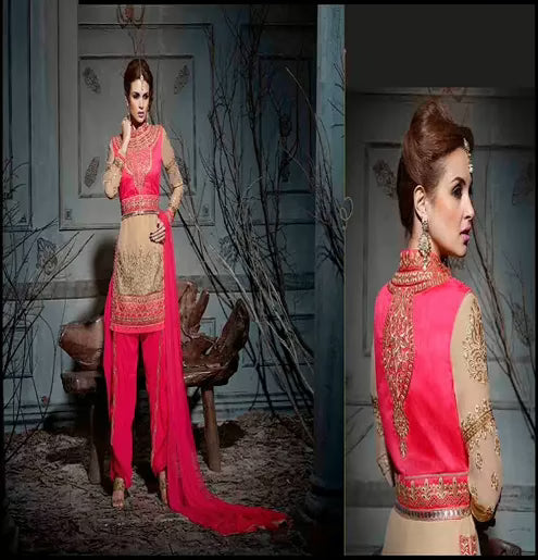Hi-Fashion Beige Embroidered Straight Suit