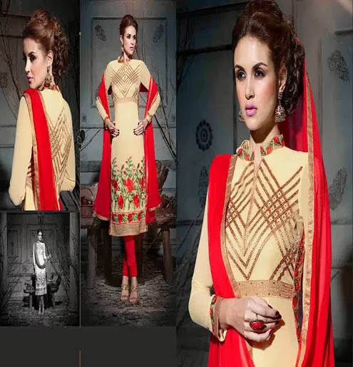 Hi-Fashion Cream  Embroidered Straight Suit