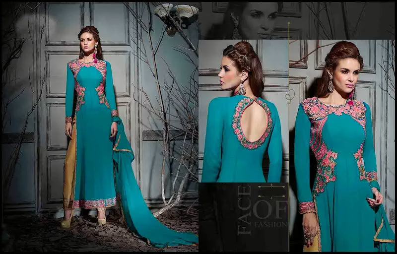 Hi-Fashion Bule Embroidered Straight Suit