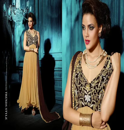 Hi-Fashion Beige Embroidered Straight Suit