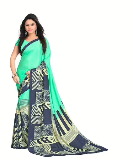 Hi-Fashion Sea Green Crepe Print  Work Saree