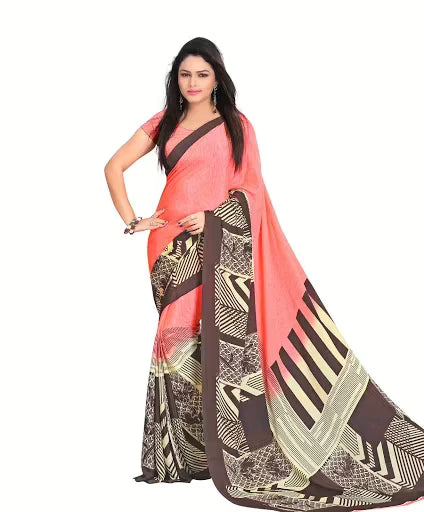 Hi-Fashion Salmon Crepe Print  Work Saree
