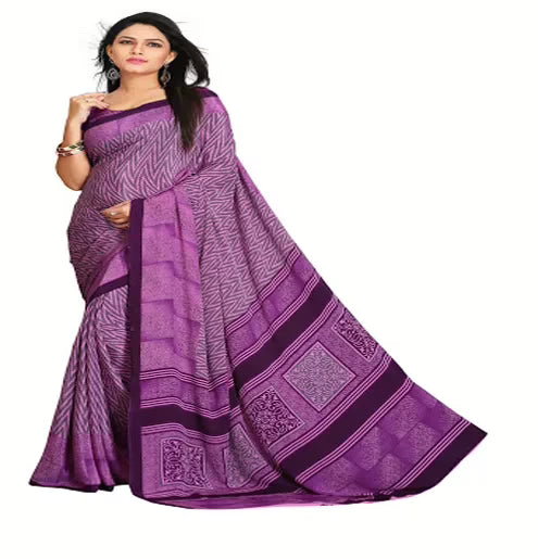 Hi-Fashion Violet Crepe Print  Work Saree