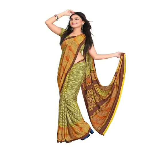 Hi-Fashion Yellow Crepe Print  Work Saree