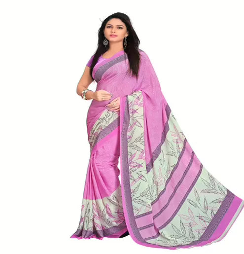 Hi-Fashion Pink Crepe Print  Work Saree