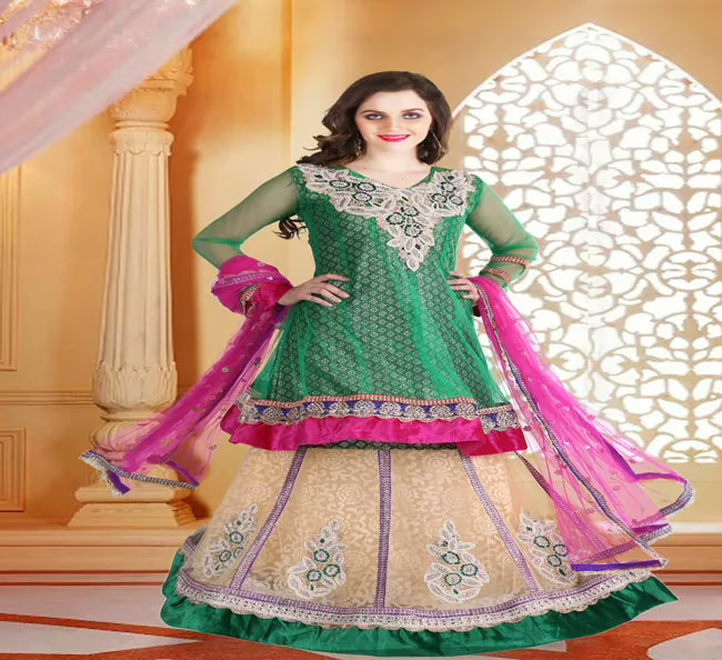 Pazaar Rangoli Jungle Green and Peach Yellow Embroided Lehenga Choli