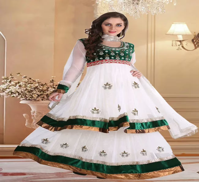Pazaar Rangoli Off-white and Pine Green Embroided Lehenga Choli