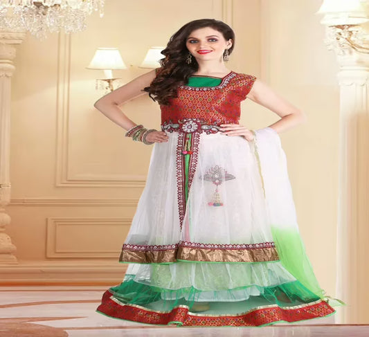 Pazaar Rangoli Off White & Rose Madder Red Embroided Lehenga Choli