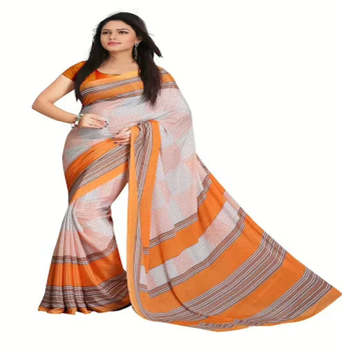 Hi-Fashion White Crepe Print  Work Saree