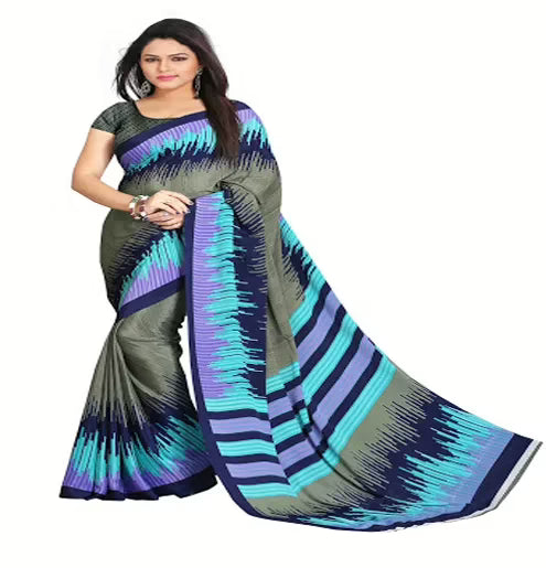 Hi-Fashion Multi Color Crepe Print  Work Saree