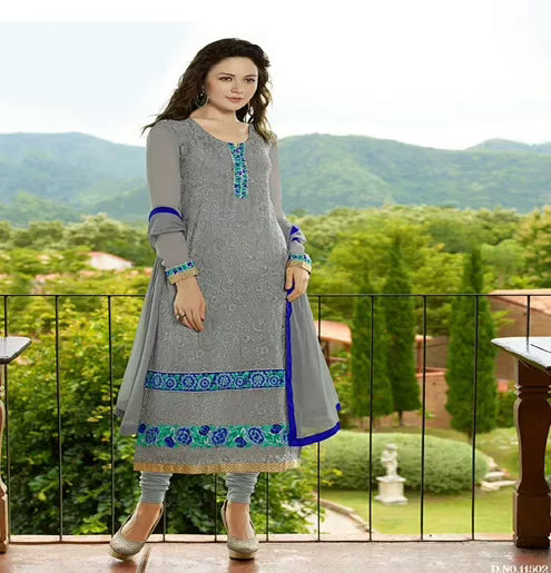Hi-Fashion Grey Embroidered Semi Stitched Straight Suit